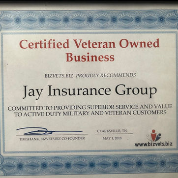 Certified Veteran Owned Business certificate naming Jay Insurance Group